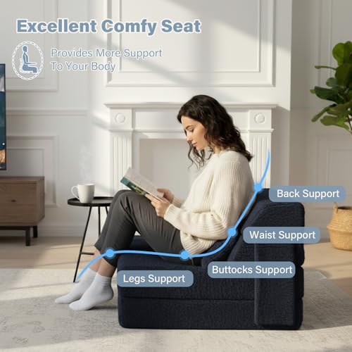 Image of Tiita Convertible Folding Sofa Bed Single Size for Adults with Pillow, Plush Fabric Floor Mattress Couch Bed, Washable Cover & Side Pocket, Guest Room, Dorm, Apartment, Living Room, Navy