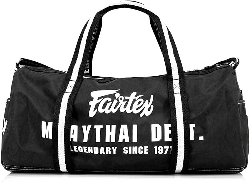 Fairtex BAG9 Retro Barrel Bag, Thai Boxing Muay Thai MMA Gym Travel Duffel | Durable lightweight build with 2 side compartments. Adjustable straps offer comfortable carry for workout gear or daily trips