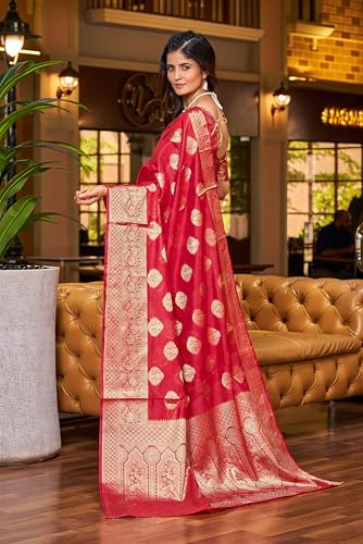 Image of SWORNOF Women's kanjivaram banarasi silk saree Zari Woven for festival Wedding silk with rich pallu Design sarees for women with Unstitched blouse piece (RED)