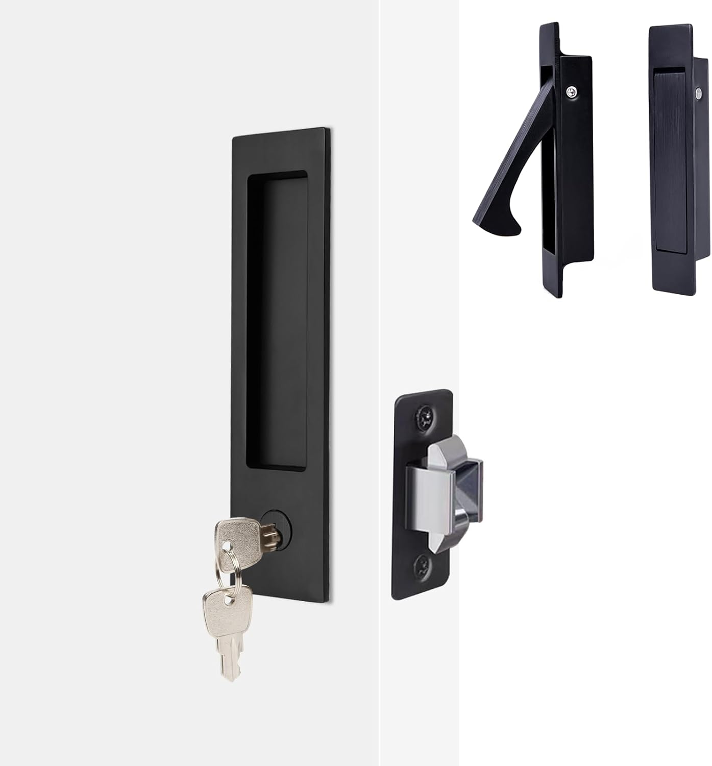 Dontay Pocket Door Handle Keyed Lock and Edge Handles, Narrow Modern Rectangular Keyed Entry Function, Recessed Sliding Door Hardware for 1 3/8” to 2 3/16” Thickness Door (1,Matte Black)