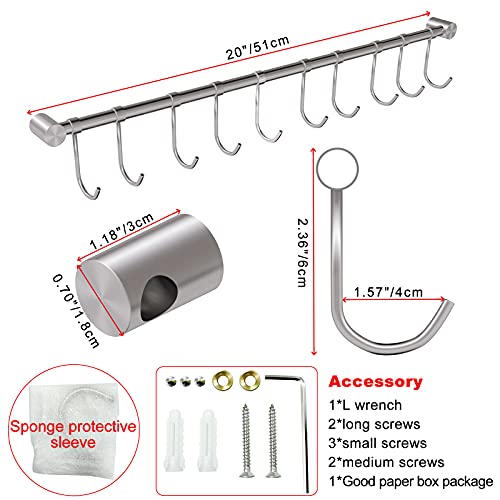OKEPOO Kitchen Hanging Rack, 20 Inch Wall-Mounted Pot Holder with 10 Quiet Sliding Hooks, Rail Organizer Utensil Holder Bar for Cooking Spatulas Cups, Made of 304 Stainless Steel. (Silver)