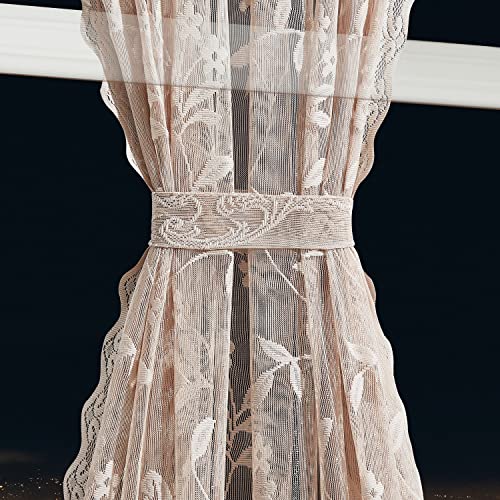 Linenzone Golden Linen French Door Curtains With Elegant Floral Design. Each Pair Of 2 52 By 72 Inch Length Curtains Come With 2 Matching Tie-Backs. Lace Curtain For Door Window. (Rosa 52 X 72 Linen) #TOP2