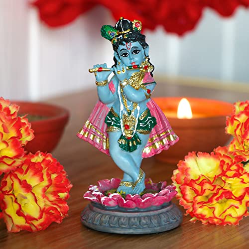 Alikiki Indian Idol Krishna God Statue - 3.9”H Hindu Murti Idol Little Krishna Play Flute Sculpture For Home Office Temple Mandir Altar Pooja Item Diwali Puja Figurine #TOP1