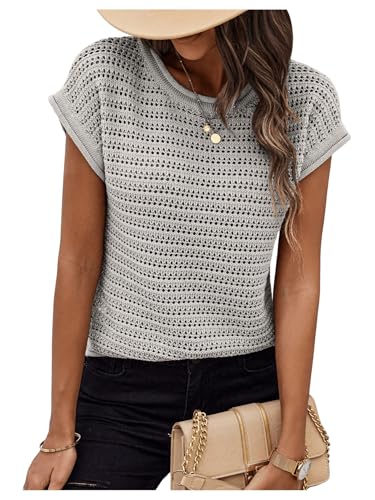 SOLY HUX Women's Summer Cap Sleeve Knit Sweater Tops Casual Crewneck Crochet Pullover Tank Top