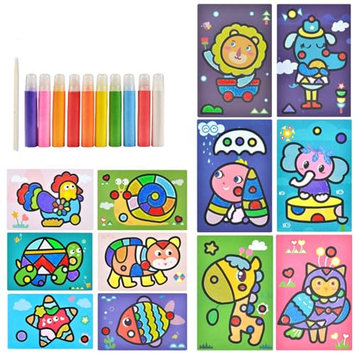 Cheerix Juego de manualidades para niños, pintura de arena para niños, pintura de arena creativa, con 10 botellas de arena de color, 12 hojas de tarjetas de pintura de arena, para niños, garabatos de