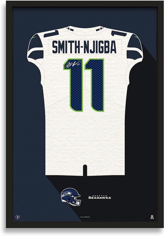 Sporticulture NFL American Football Seattle Seahawks - Jaxon Smith-Njigba Jersey Print Framed Wall Art Picture Poster for Boys Bedroom and Man Cave Decor - Ready to Hang, White 14" x 20", Small