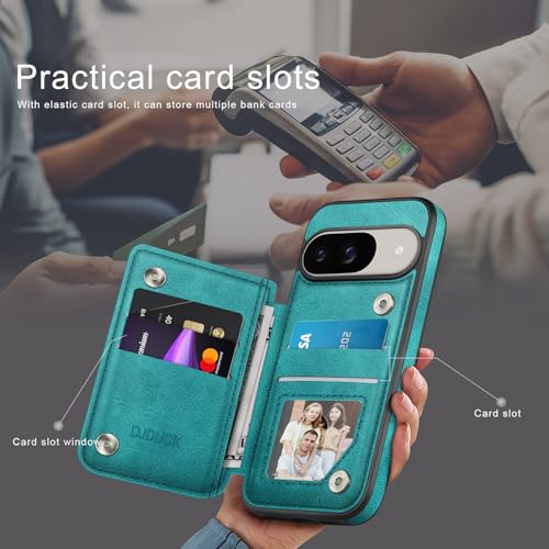 DJDUCK Designed for Google Pixel 9 5G/Pixel 9 Pro Case Wallet with Card Holder, [Magnetic Clasp Cover] [RFID Blocking Leather Protection] Shockproof Women Men Cases for Pixel 9 Blue Green by DJDUCK - Used condition - Image 3