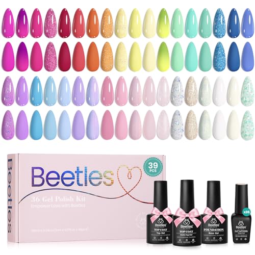 Beetles Gel Polish Set - 39Pcs Neon Gel Nail Polish Pink Red Blue Purple Shade with Base Top Coat, Soak off Uv LED Lamp Colorful Candies Manicure Kit Gifts for Women