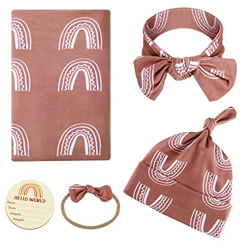 Image of 5 Pcs Rainbow Newborn Swaddle Set with Muslin Baby Swaddle Blanket, Wooden Baby Announcement Sign, Matching Hat and Bow, Boho Vintage Swaddle and Headband Set for Boys Girls Newborns Infants (Pink)