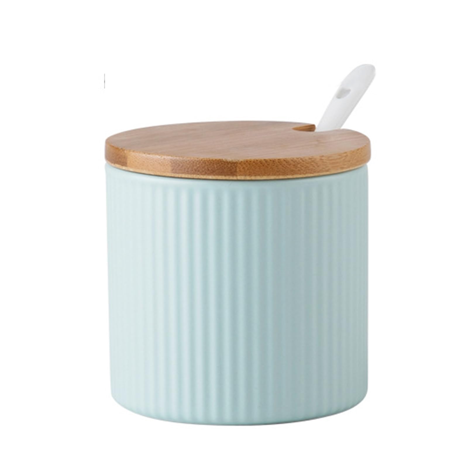 Zuccheriera in ceramica ciano da 300 ml con coperchio in legno e cucchiaio a righe, barattolo per spezie, per zucchero, sale, caffè, tè, – scatola ideale per condimenti per cucina di casa e bar
