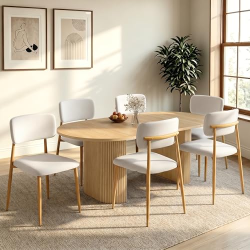 Image of weselon Mid-Century Modern Dining Chairs Set of 6, Upholstered Velvet Dining Room Chairs with Ergonomic Barrel Back, Wood Grain Metal Frame with Adjustable Feet (Natural Frame+Gray White Seat, 6)