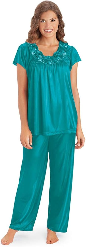 Collections Etc Rose Trim Short Sleeve Pajama Set