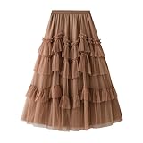 RWGSNB Rock Damen Stufenrock Aus Tüll für Damen Lang mit Rüschen Hoher Taille A Linie Petticoat Tutu Röcke für Abschlussball Alltag Hochzeit Geburtstagsfeier Khaki S