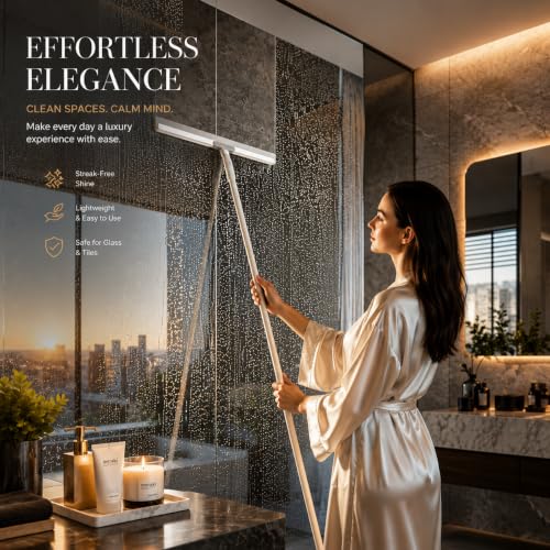 Image of Long Handle Floor Cleaning Wiper Squeegee - Heavy Duty Extendable Adjustable Rotating Handle, Silicone Blade Water Scraper for Bathroom Floors Cleaner Kitchen Tile Balcony