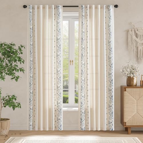Image of jinchan Blue Floral Linen Curtains for Living Room 84 inch Back Tab 4 Panels