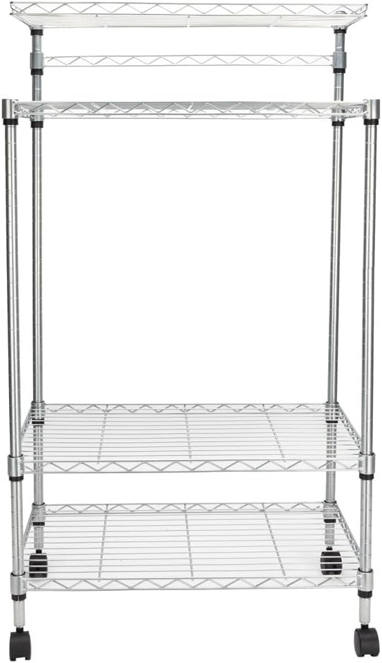 4 Tier Kitchen Shelves Bakers Rack and Microwave Stand and Storage Cart with Mesh Design Carbon Steel Heavy Duty Wire Stand Shelf, Kitchen Hutch Microwave Shelf on Wheels Organizer Silver