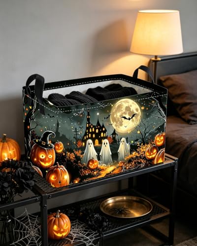 Image of Essme Rectangular Halloween Basket,Kids Storage Bins Organizer with Handles for Ghost Room Decor, Gift Basket,Shelf Basket.(Dream Halloween)