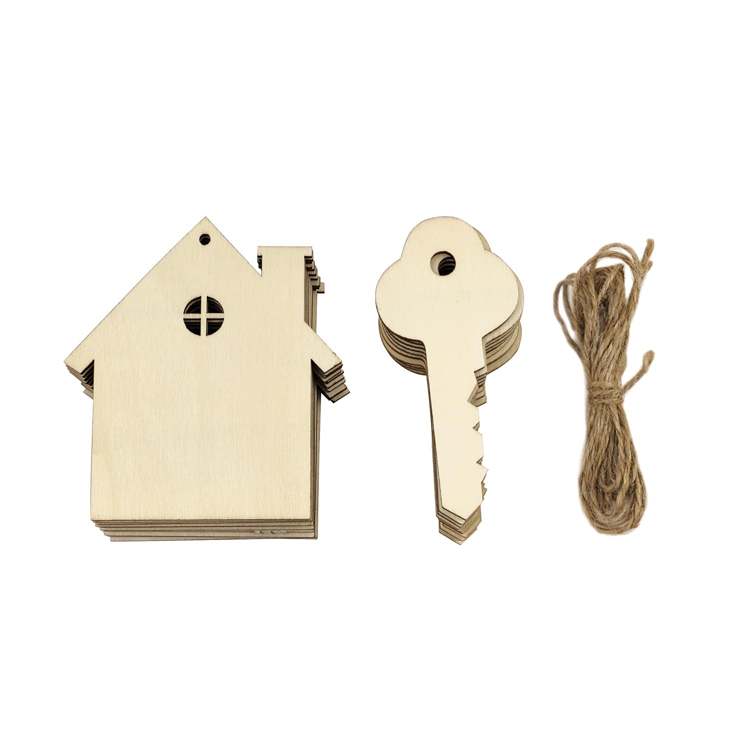 32 Pieces Unfinished Wooden House & Key Cutouts - DIY Craft Ornaments For Painting & Decoration
