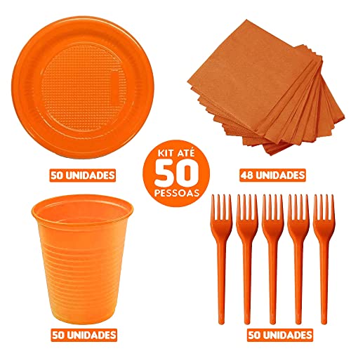 kit descartável festa com pratinho copo garfo e guardanapo para até 50 pessoas (Laranja)
