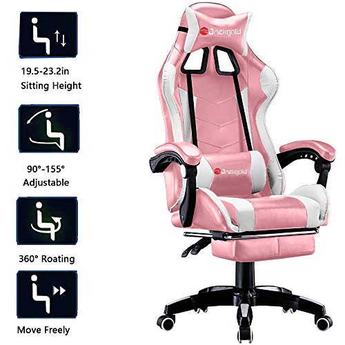 Jackgold Gaming/Racing Style Adjustable Office Chair with Removable Headrest,High Back, Lumbar Cushion, and Footrest,360-Degree Swivel, Pink