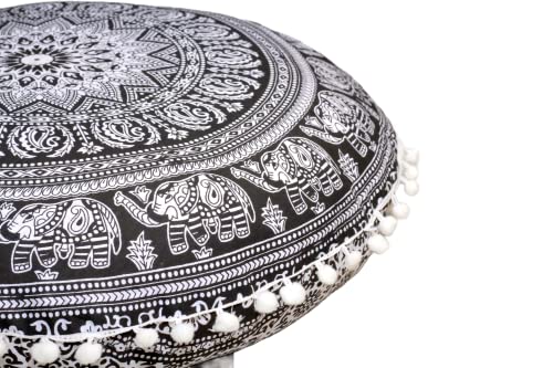 Round Mandala Floor Pillow Cover Seating Cushion Throw Cover Hippie Decorative Bohemian Ottoman Pouf Cover, Pom Pom Pillow Cases,Boho Indian 22 Inches (Black Elephant Flower) #TOP7