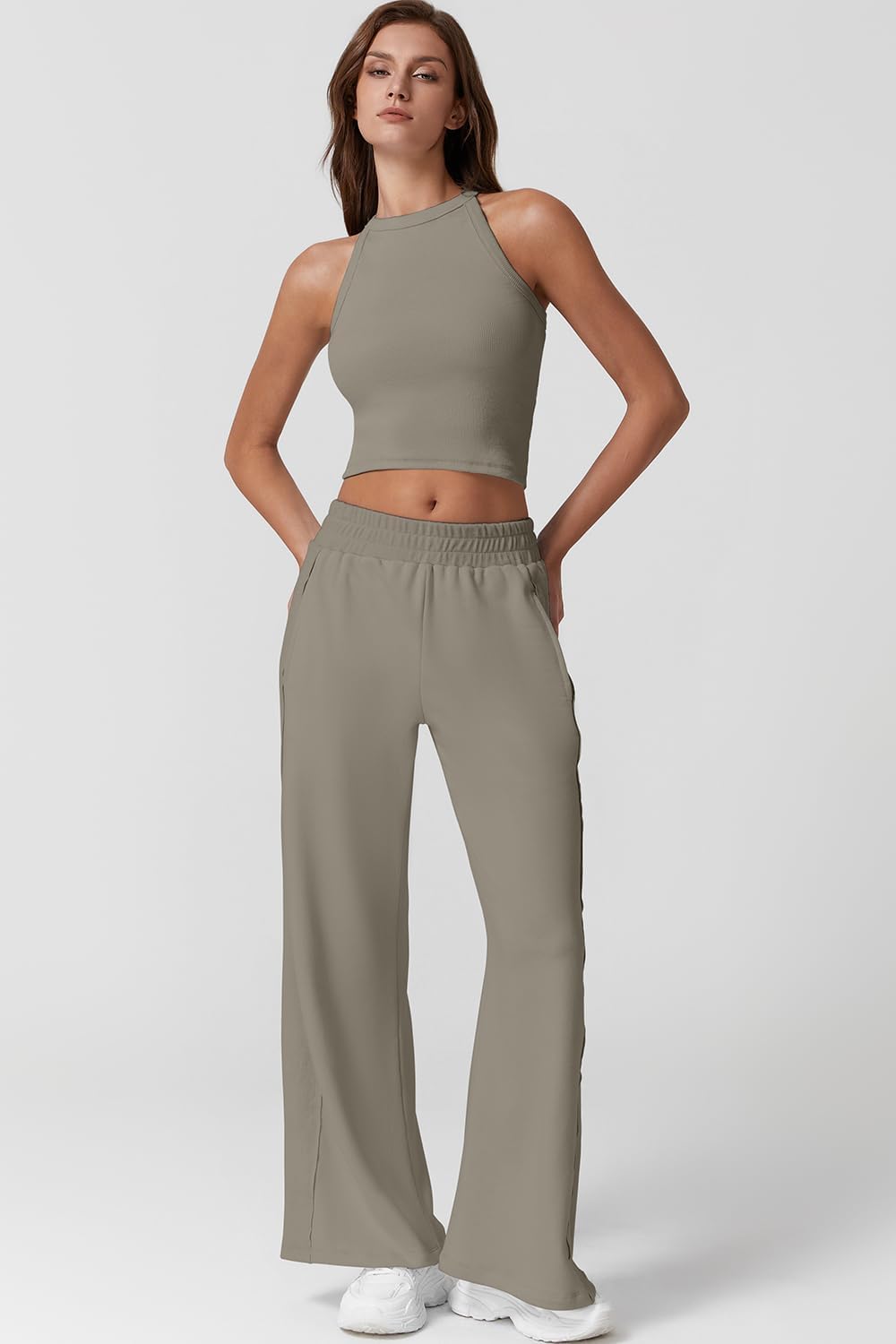 QINSEN Women's 2 Piece Sets Summer Ribbed Knit Crop Tank Tops Wide Leg Pants Sleeveless Tracksuit - Image 4