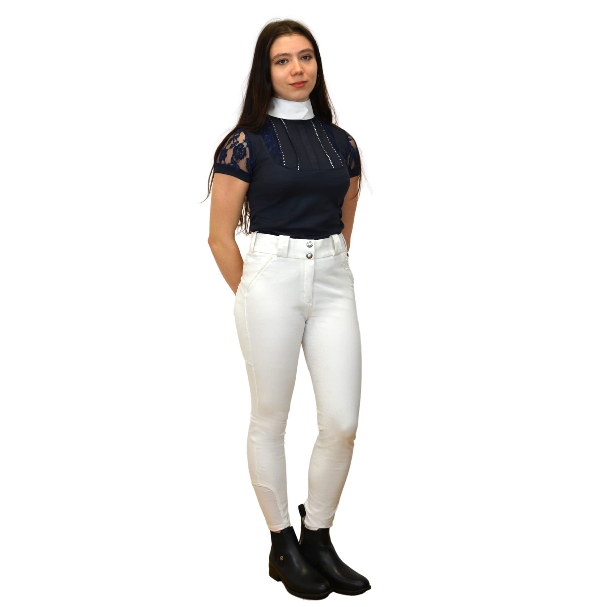 Start Patricia Turniershirt Damen – Kurzarm Reitshirt mit Spitze & Stehkragen – Atmungsaktive Turnierbluse für Reiten & Wettbewerb
