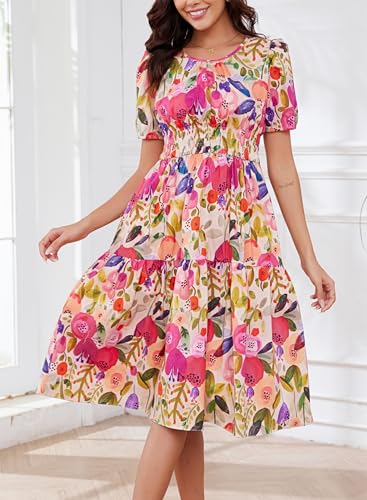 Image of Kormei Women Summer Casual Boho Floral Round Neck Short Sleeve Smocked Waist Tiered Flowy Swing Midi Dress
