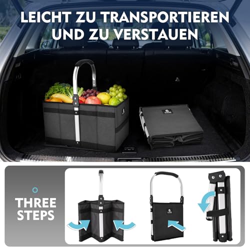 ALLCAMP 27L Einkaufskorb Faltbar | Verstärkter Boden & Alu-Griff | Stabil & Platzsparend für Kofferraum und Einkauf Schwarz (43,5 x 25 x 24,5 cm)