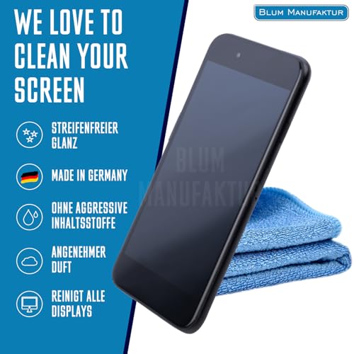 Blum Manufaktur 250ml Bildschirmreiniger + 30x30 cm Mikrofasertuch - Screen Cleaner - Display Reiniger - Absolut streifenfreie Reinigung von Handy, Laptop, PC, TV