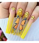 Extra Long Coffin Glue on Nails French Tip Press on Nails Long Yellow Gradient False Nails with R...
