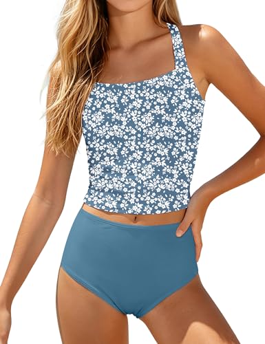 Image of Girls Tankini Swimsuit 2 Piece Bathing Suit Twist Cross Back Cutout Swim Tank Top Floral Print Swimwear for 7-18Y