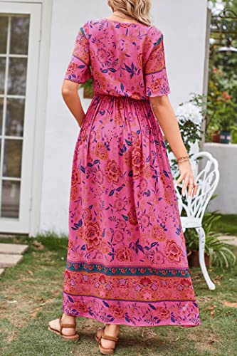 Image of PRETTYGARDEN Women's Casual Summer Boho Floral Print Dress V Neck Short Sleeve High Waist Long Maxi Beach Dresses