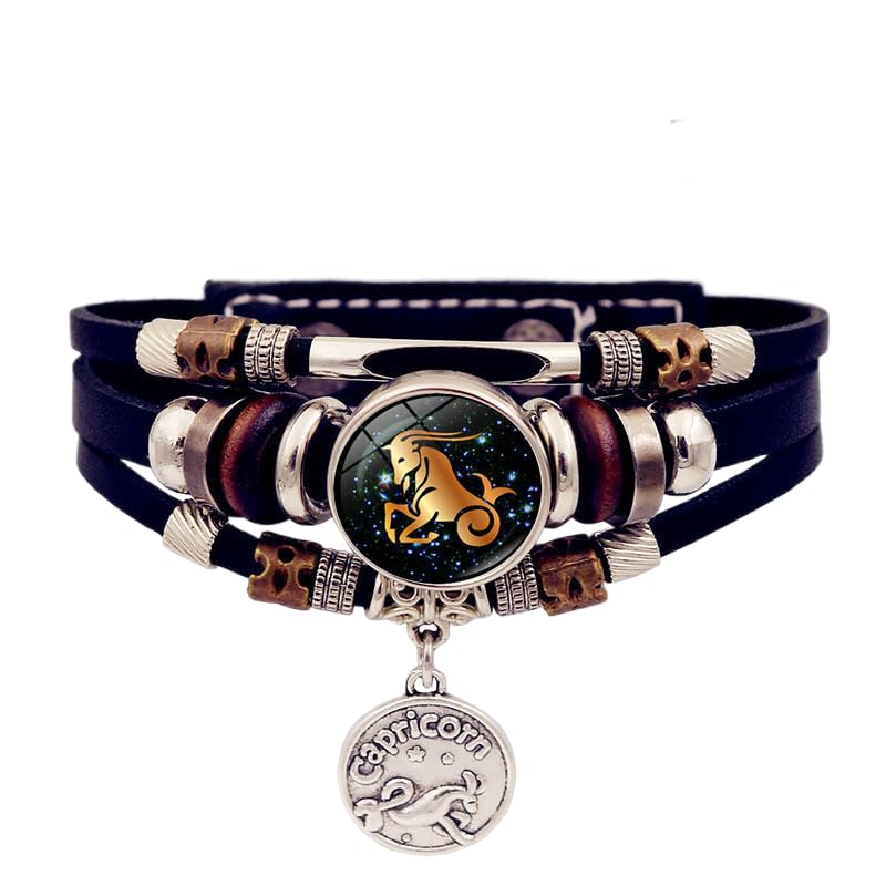 UBBVPKY Bracelet Lumineux 12 Constellations Avec Pendentif Signe Du Zodiaque Bracelets Multicouches En Cuir Phosphorescents Cadeau Pour Homme Et Femme Capricorne