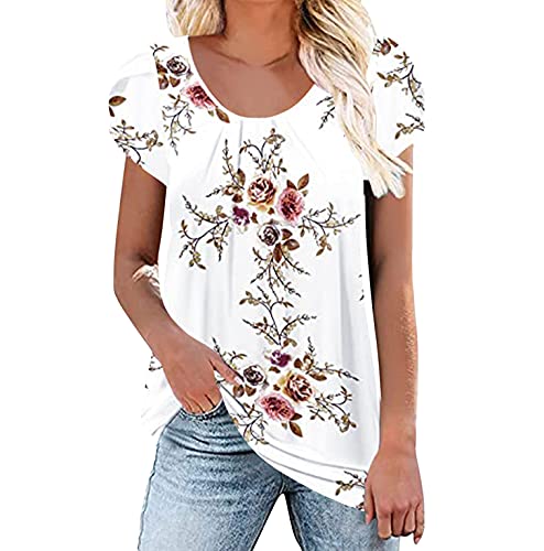 Petal Sleeve Tops for Women Summer Casual Solid/Floral Printed V Neck T-shirts Short Sleeve Tees Tunic Blouse Pullover (04 White, XXL)