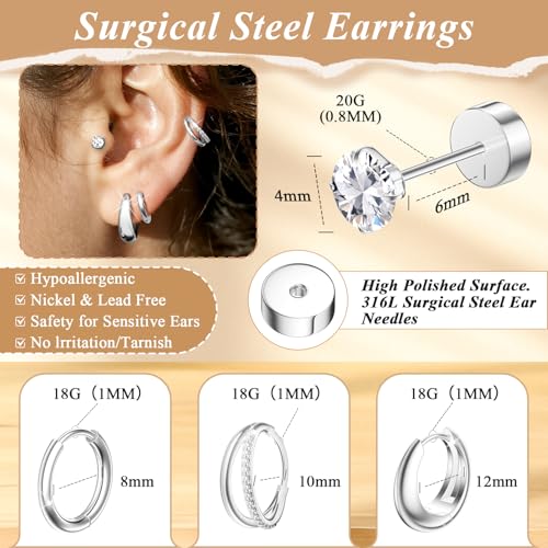 4 Pairs Gold/Silver Hoop Earrings Set for Women 14K Gold Plated Hypoallergenic Surgical Steel Lightweight Cartilage Studs Earrings,Dainty Small Stackable Thick Trendy Jewelry For Sensitive Ears2