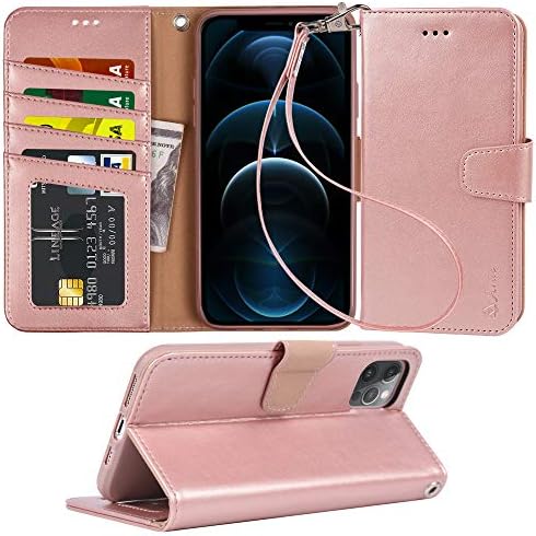 Arae Case for iPhone 12 Pro Max Wallet Case Flip Cover with Card Holder and Wrist Strap for iPhone 12 Pro Max 6.7 inch (Rose Gold)