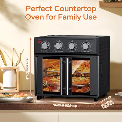 Image of PlumChef 27.5 Quart Air Fryer Convection Toaster Oven, Black | Extra Large, 6 Slices, French Door, 1700W, Multifunction: Air Fryer, Toast, Grill, Defrost, Bake