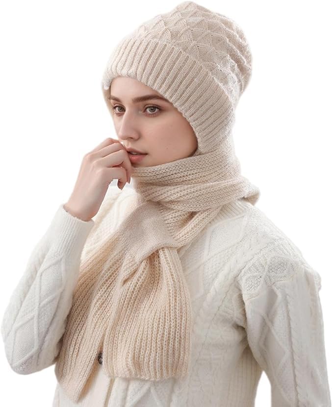 sakrimal Winter Cap for Women Woolen Cap with Mufflers for Women, Muffler Beanie Cap with Fur for Women & Girls Muffler Woolen Cap, Stylish Woolen Caps for Women Winter Wear Scarf Beige-picture-17