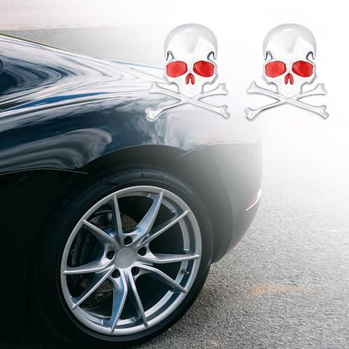 Image of 3D Skeleton Skull Emblem Car Side Rear Front Hood Trunk Door Fender Bumper Tail Box Car Motorcycle Personality Decoration Metal Badge Decal Sticker (1 PCS, Silver Red)