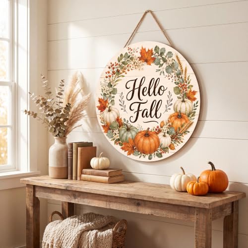 Image of Fall Decorations for Home - Hello Fall Wreaths for Front Door | Rustic Round Wood Wreaths Hanging Sign for Thanksgiving Decorations - Fall Garland Porch Decor for Door Wall Room Kitchen