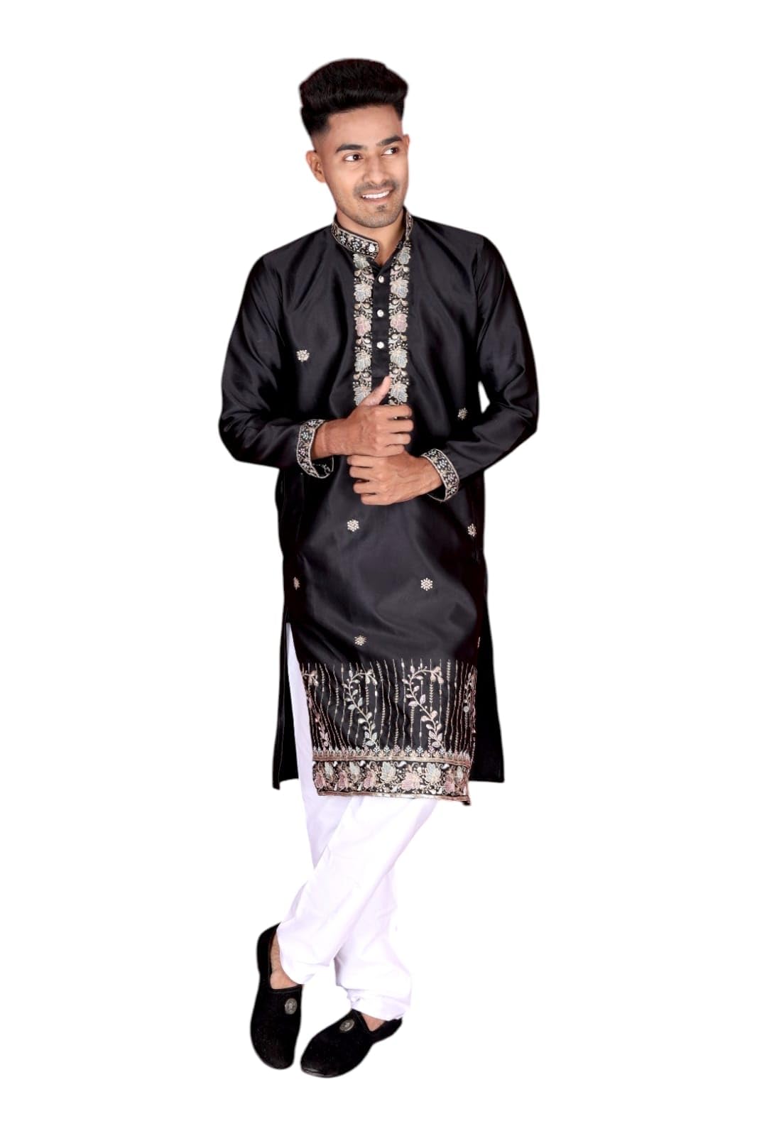 Men's Black Embroidered Kurta With White Pants and Shoes-image-45
