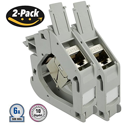 AIXONTEC 2x Hutschienen DIN Schiene DIN Rail Keystone Adapter Modul Gehäuse Grau mit 2x Cat.6A Buchsenmodul geschirmt Jack 10000 1000 Mbit 500MhZ - IP20 – toolless - mit deutscher Montageanleitung