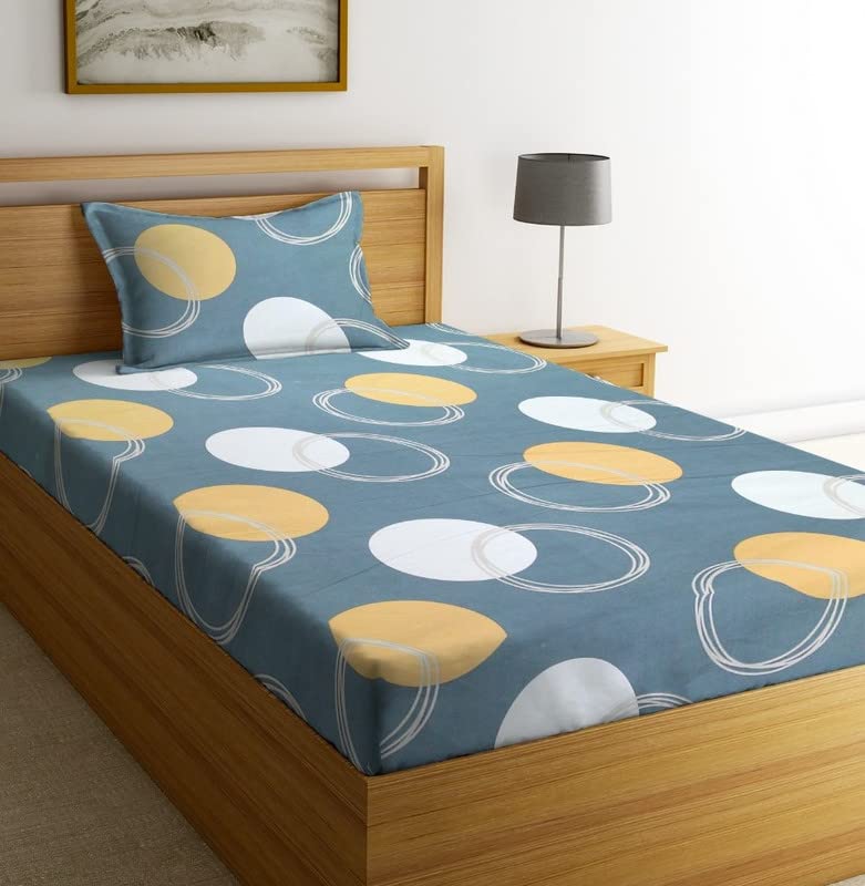 NHD HOME Premium Glace Cotton 180 TC Flat Single Bedsheets for Summer Breathable | Wrinklefree (Size-60 X 90 Inch) with 1 Pillow Covers (Size-17 X 27 Inches, White Grey Big Cricle) (B0C729PZTL) Amazon Price History, Amazon Price Tracker
