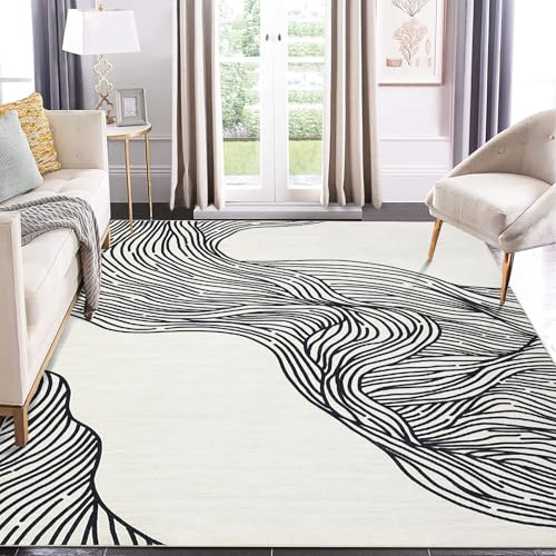 GarveeHome Washable Rug 5x7 Modern Abstract Area Rugs for Living Room Non Slip Backing Indoor Carpet Soft Faux Wool Bedroom Rug Low Pile Non-Shedding Rug for Dining Room Nursery Office Cream
