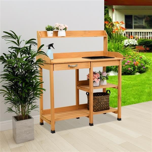 Potting Benches Tables Garden Planting Wood Outdoor Work Station Table with Storage Shelf,Moisture Metal Flowers Pot Bench Heavy Duty Planter Table Wood Plating Shelf Cabinet