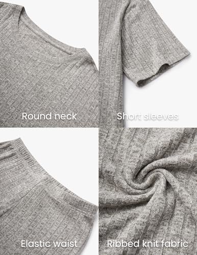 Image of NORACORA Pajamas 2 Piece Lounge Sets Ribbed Knit for Women Matching T-shirt Shorts Outfits Sleepwear