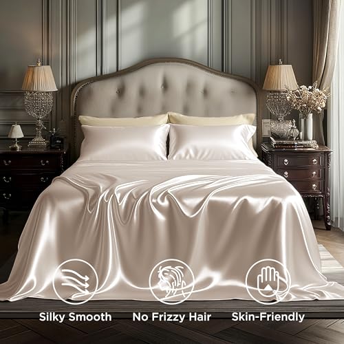 Image of Bedsure Beige Satin Sheets Full Size, Soft Silky Bedsheets for Hair & Skin | Similar to Silk Bed Sheets Set 4 Piece with 15 Inches Deep Pocket Fitted Sheet,1 Flat Sheet, 2 Satin Pillowcases