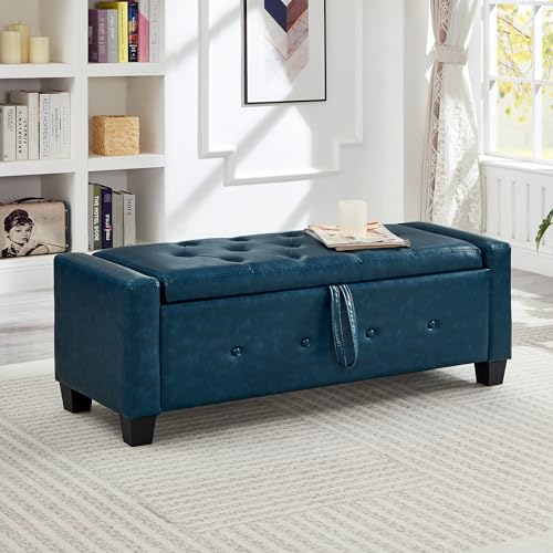 GDFStudio 48" Mid-Century Modern Rectangle Storage Ottoman Bench with Solid Legs, Button Tufted Lift-Top Faux Leather PU Ottoman Foot Rest, Upholstered Oversized Pouf for Living Room Bedroom, Blue