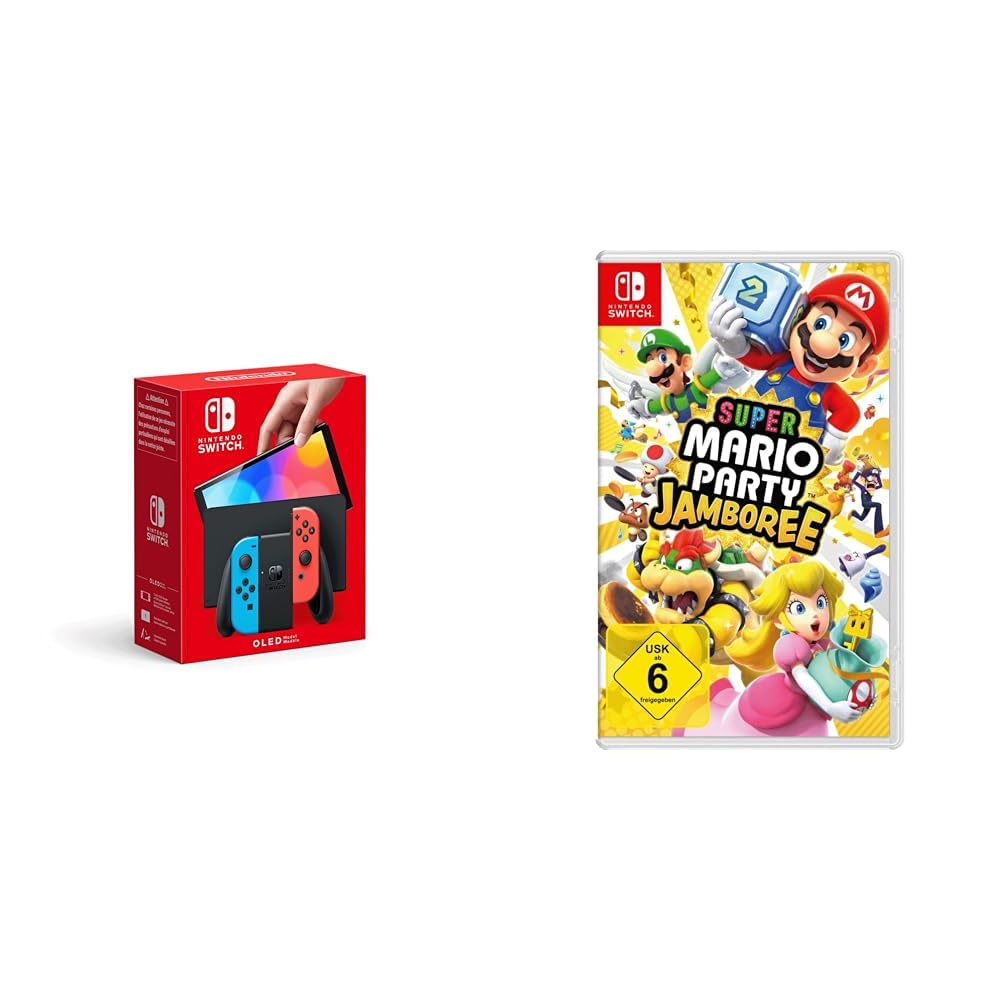 Nintendo Switch-Konsole (OLED-Modell) Neon-Rot/Neon-Blau + Super Mario Party Jamboree